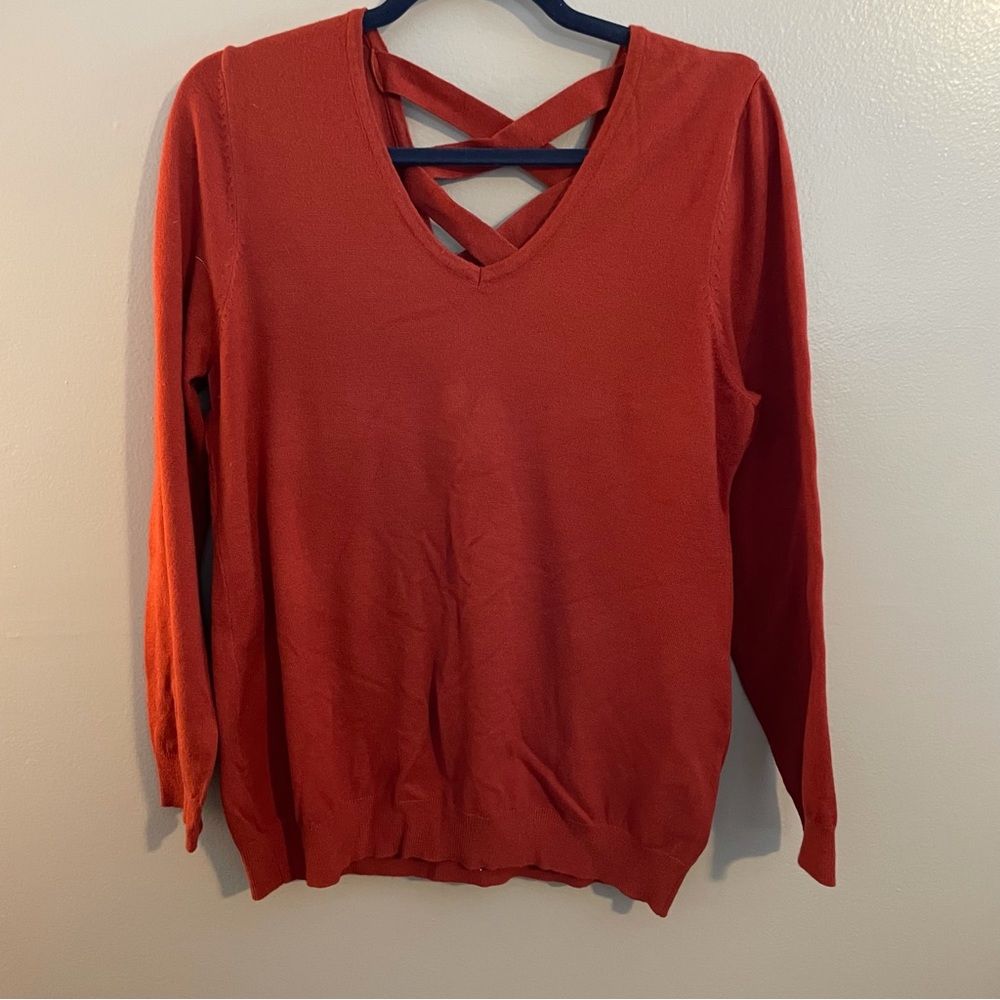 Love Ellie Woman’s Large Rust V Neck Criss Cross V Back Lightweight Sweater